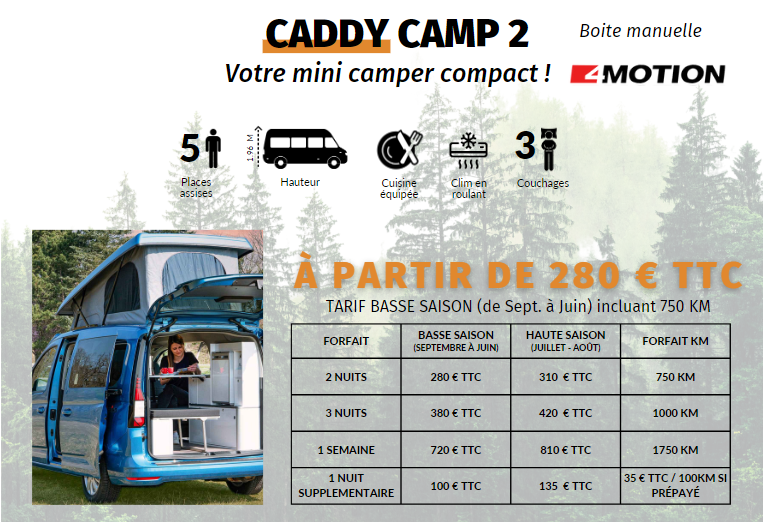 Les tarifs de location d'un ludospace aménagé  Caddy Camp 2 REIMO by ECO CAMPERS