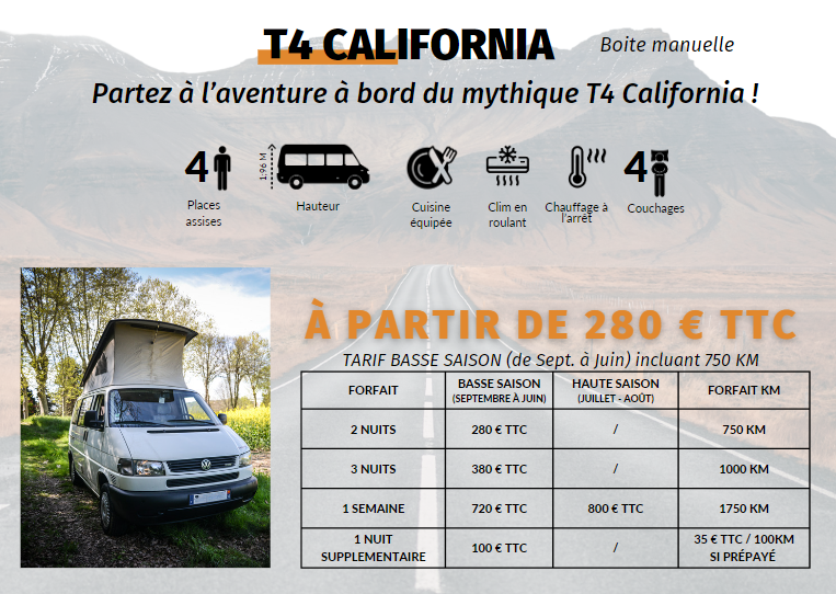 Les tarifs de location d'un van aménagé  T4 California
